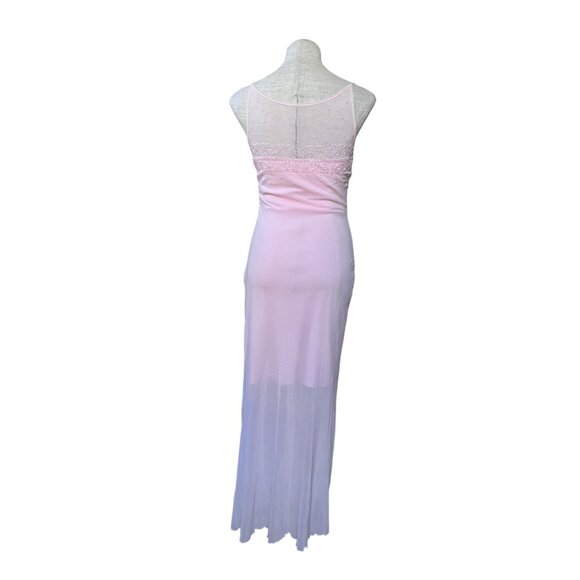 Vintage 1990s NWT Cassandra Stone Beaded Blush Pink Mesh Tulle Maxi Prom Dress - Picture 3 of 10
